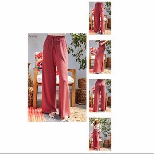 Wide-Leg Ribbed Polyester Pants